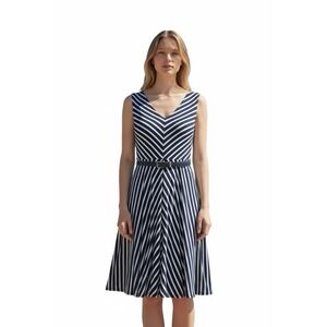 RALPH LAUREN Navy White Mitered Stripe Stretch Jersey Belted Sleeveless Dress PS